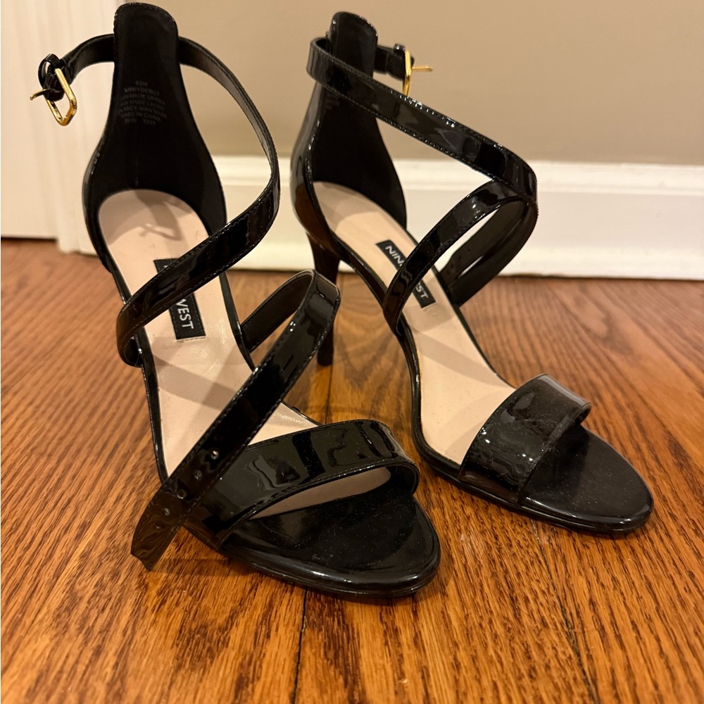 Nine West Glossy Black Strappy Heels